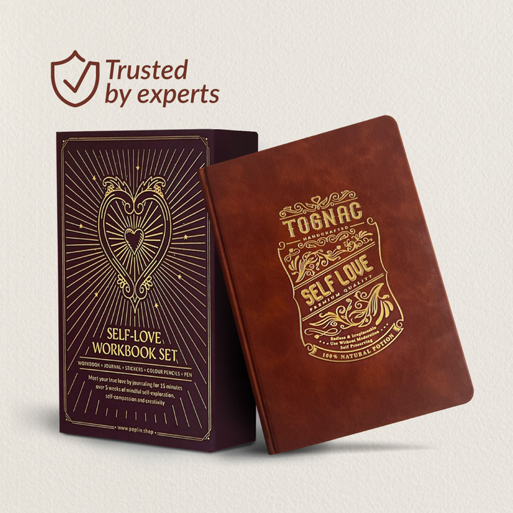 "Poplin Self-Love Workbook Set featuring guided journals, prompts, and exercises for mindfulness, self-reflection, and personal growth, perfect for cultivating confidence, positivity, and daily self-care."