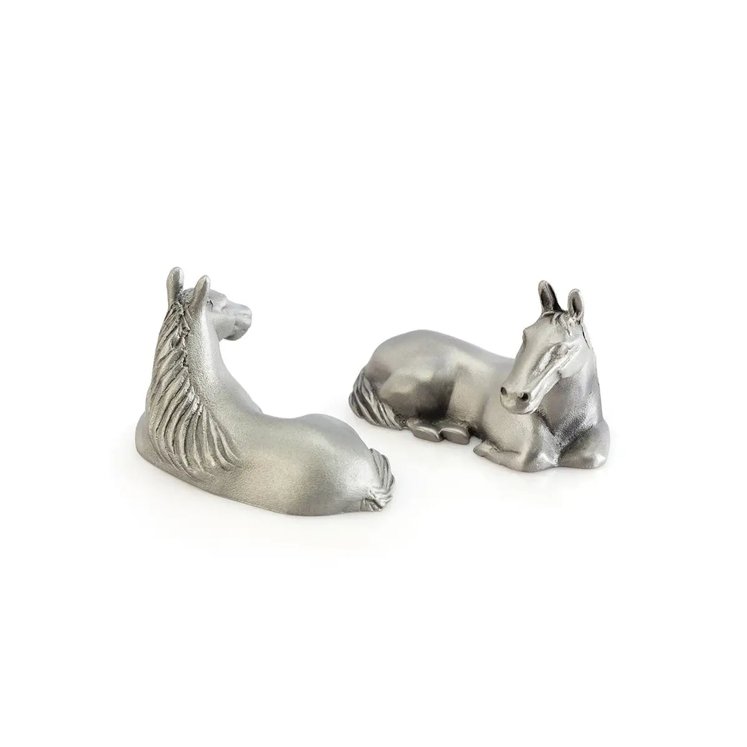 Pair of pewter horse-shaped chopstick rests, each sculpted in a calm reclining pose, symbolizing strength in stillness and adding an elegant zodiac touch to any dining table.