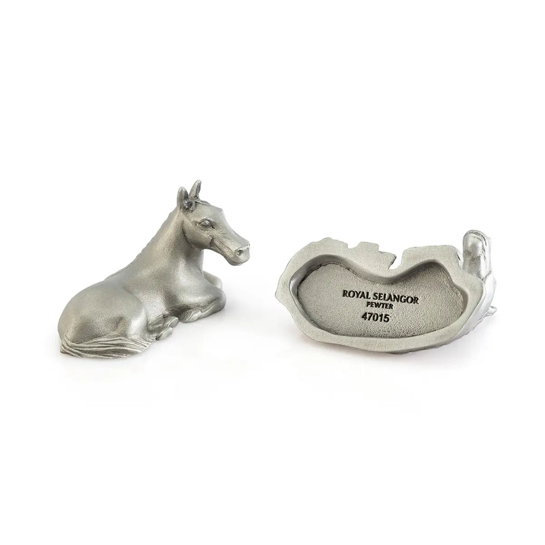 Pair of pewter horse-shaped chopstick rests, each sculpted in a calm reclining pose, symbolizing strength in stillness and adding an elegant zodiac touch to any dining table.