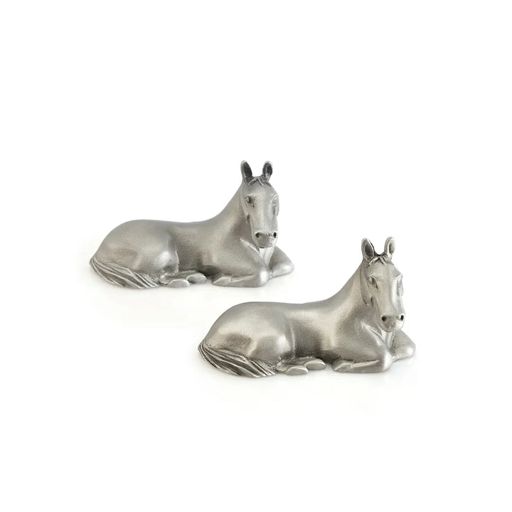 Pair of pewter horse-shaped chopstick rests, each sculpted in a calm reclining pose, symbolizing strength in stillness and adding an elegant zodiac touch to any dining table.