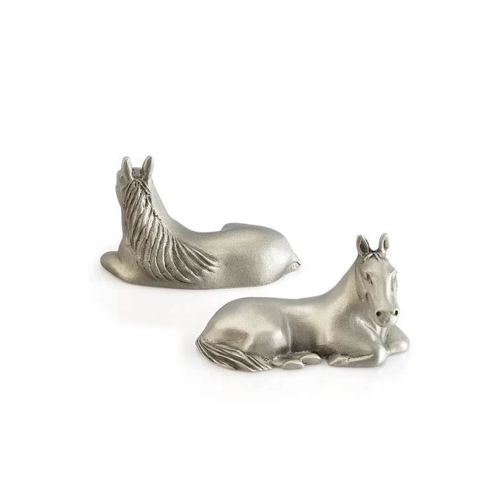 Pair of pewter horse-shaped chopstick rests, each sculpted in a calm reclining pose, symbolizing strength in stillness and adding an elegant zodiac touch to any dining table.