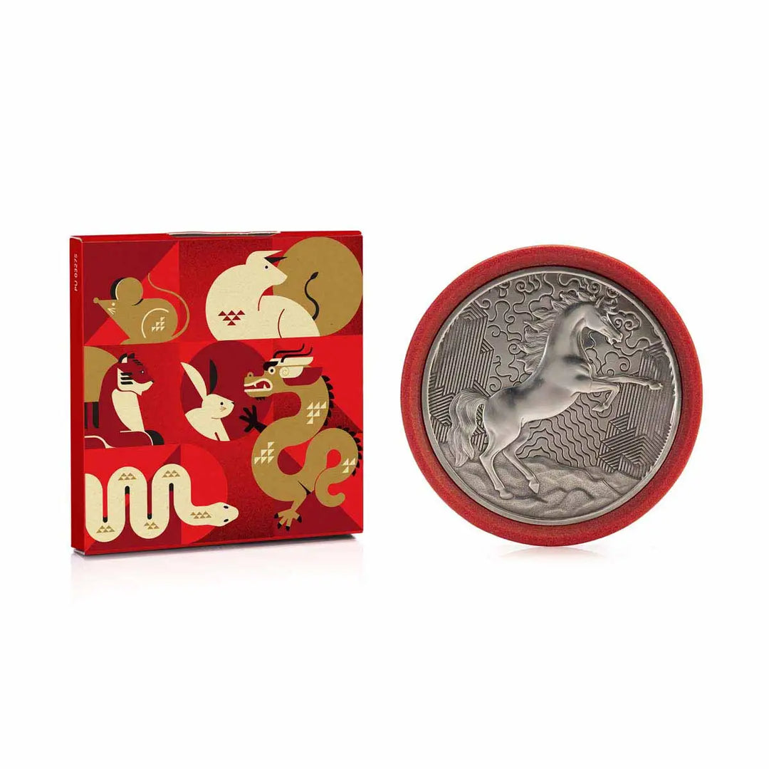 Round pewter coaster with a raised design of a rearing horse, set against a red eco-composite base—symbolizing vitality, energy, and progress for the Year of the Horse.