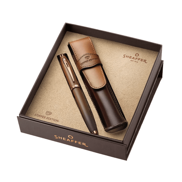 Sheaffer 100 G9374 Coffee Edition Matt Brown with Brown PVD Trims Medium Fountain Pen with Coffee Pen Pouch Gift Set