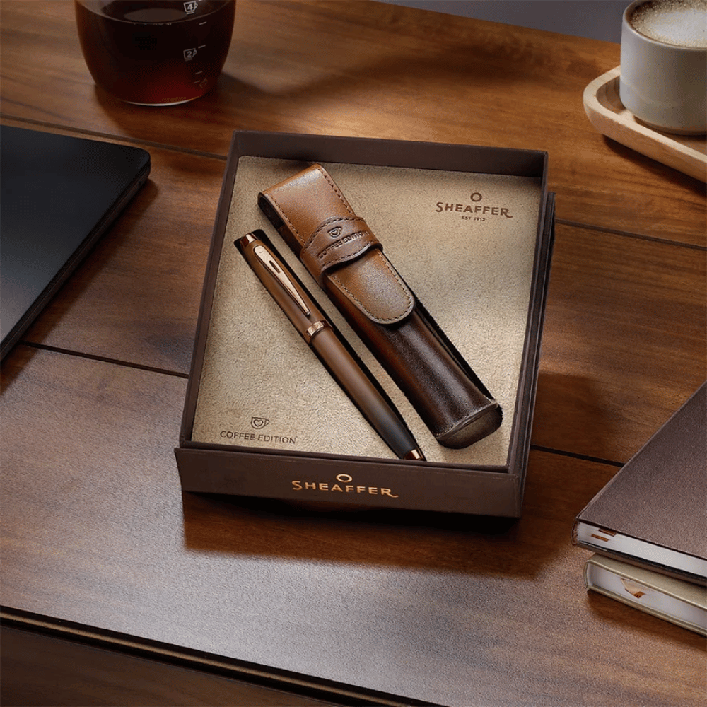 Sheaffer 100 G9374 Coffee Edition Matt Brown with Brown PVD Trims Medium Fountain Pen with Coffee Pen Pouch Gift Set
