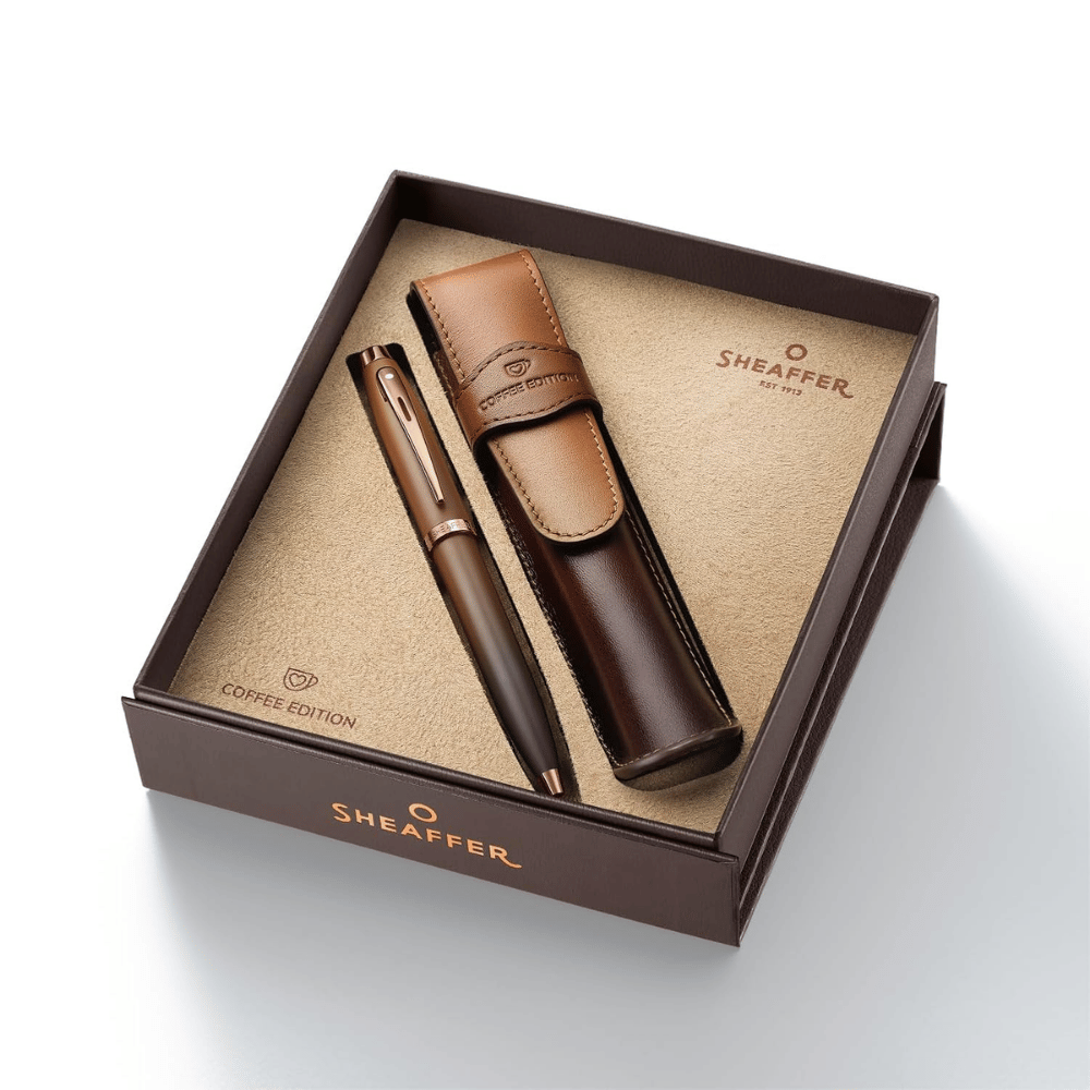 Sheaffer 100 G9374 Coffee Edition Matt Brown with Brown PVD Trims Rollerball Pen with Coffee Pen Pouch Gift Set
