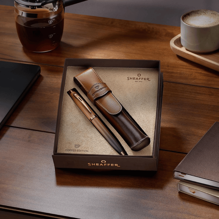 Sheaffer 100 G9374 Coffee Edition Matt Brown with Brown PVD Trims Rollerball Pen with Coffee Pen Pouch Gift Set