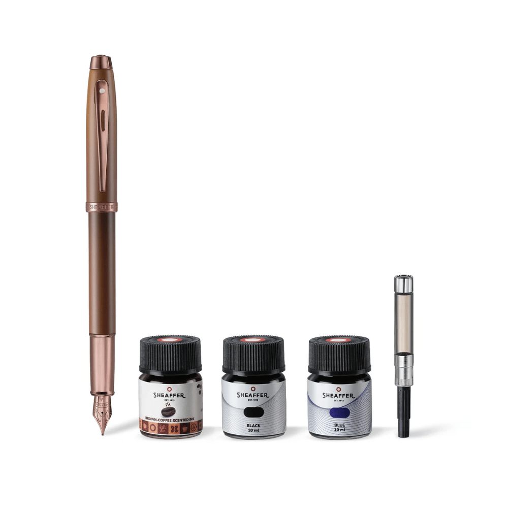 Sheaffer 100 G9374 Coffee Edition Matt Brown with PVD Trim Med Fountain Pen and 3 Ink Vials of 10 ml Gift Set