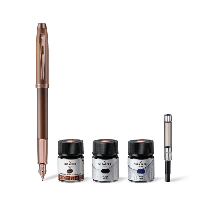Sheaffer 100 G9374 Coffee Edition Matt Brown with PVD Trim Med Fountain Pen and 3 Ink Vials of 10 ml Gift Set