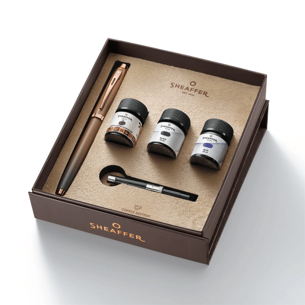 Sheaffer 100 G9374 Coffee Edition Matt Brown with PVD Trim Med Fountain Pen and 3 Ink Vials of 10 ml Gift Set