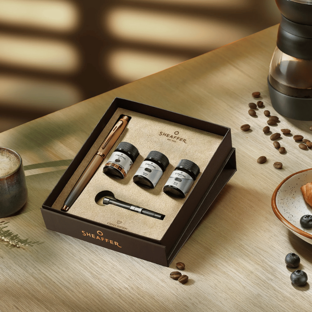 Sheaffer 100 G9374 Coffee Edition Matt Brown with PVD Trim Med Fountain Pen and 3 Ink Vials of 10 ml Gift Set