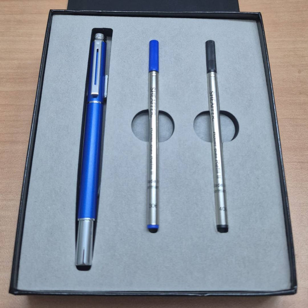 Sheaffer 200 Chrome Trim Rollerball Pen & Two Rollerball Refill with Gift Box - Metallic Blue
