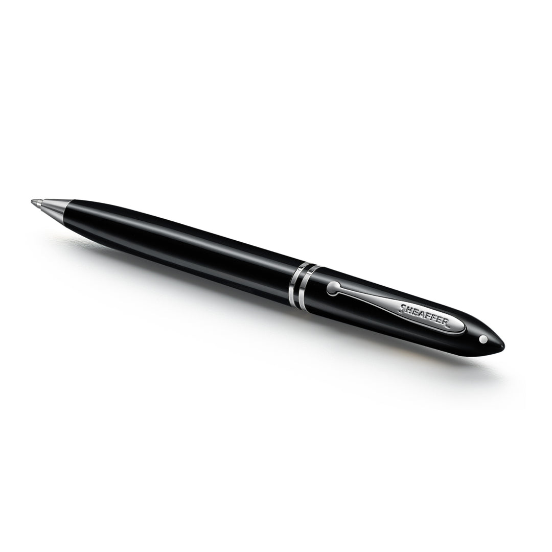 Sheaffer Balance III E892 ballpoint pen lying at an angle, chrome tip and centre bands
