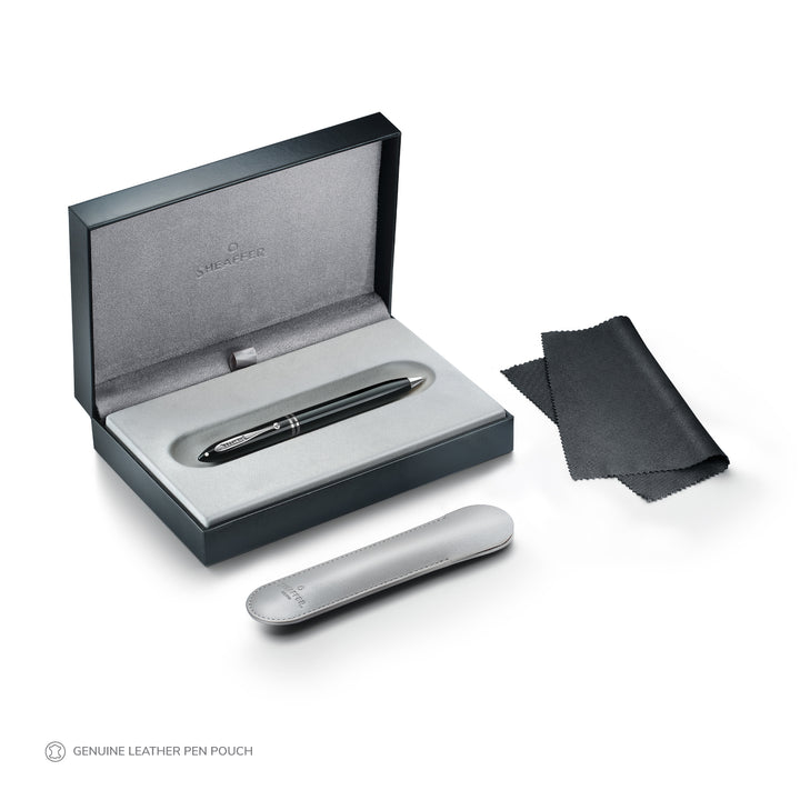 Sheaffer Balance III E892 ballpoint pen in its Sheaffer gift box with grey leather pen sleeve and cleaning cloth