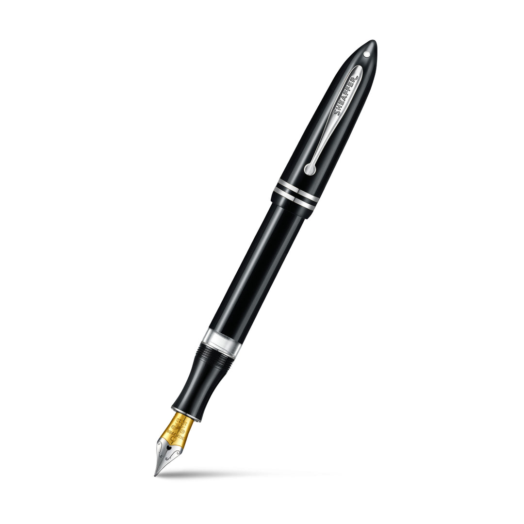 Sheaffer Balance III E892 fountain pen in glossy black with chrome trims, cap posted, bi-colour steel nib