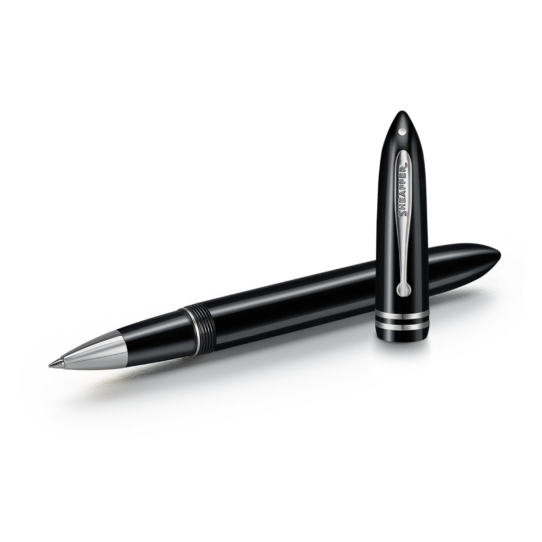 Sheaffer Balance III E892 rollerball pen uncapped beside its cap, showing the chrome Sheaffer-engraved clip