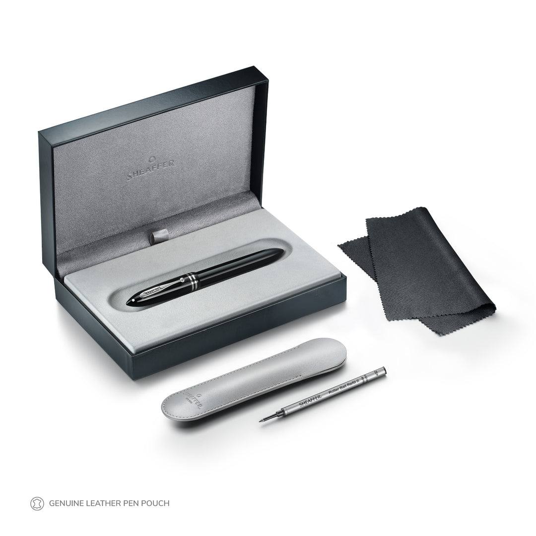 Sheaffer Balance III E892 rollerball pen in its Sheaffer gift box with grey leather pen sleeve, cleaning cloth and refill