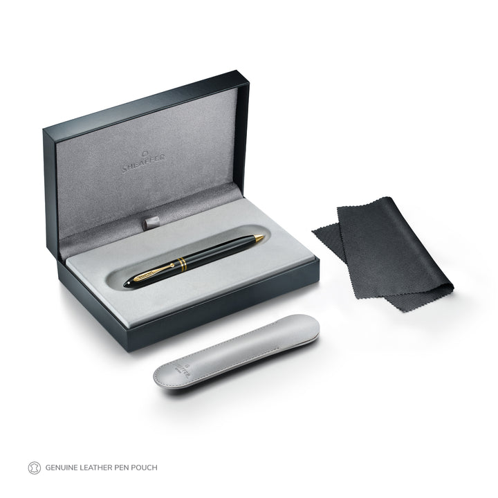 Sheaffer Balance III E893 ballpoint pen in its Sheaffer gift box with grey leather pen sleeve and cleaning cloth