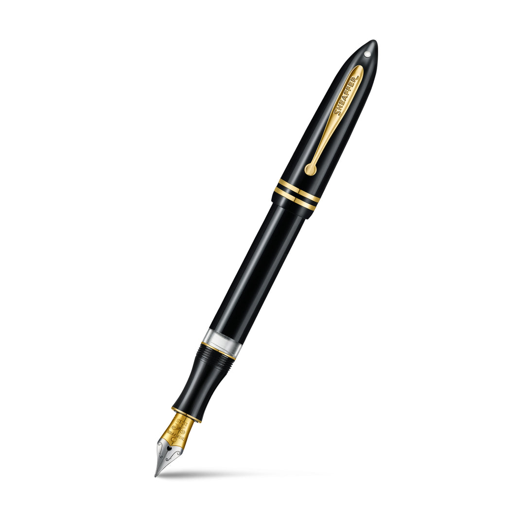 Sheaffer Balance III E893 fountain pen in glossy black with gold trims, cap posted, bi-colour steel nib