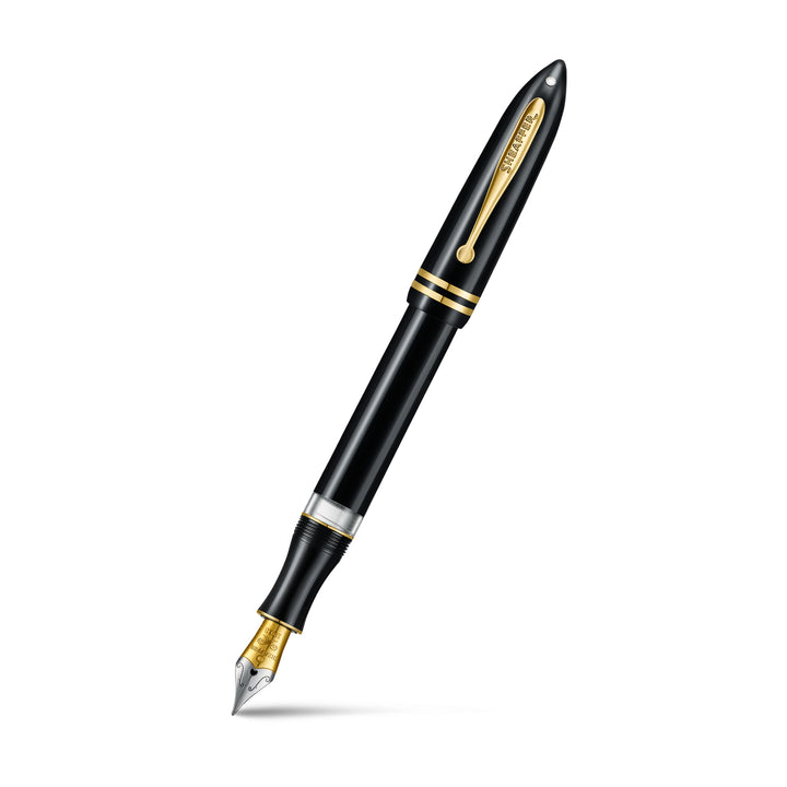 Sheaffer Balance III E893 fountain pen in glossy black with gold trims, cap posted, bi-colour steel nib