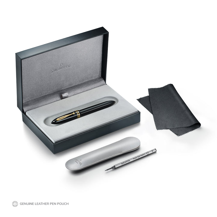 Sheaffer Balance III E893 rollerball pen in its Sheaffer gift box with grey leather pen sleeve, cleaning cloth and refill