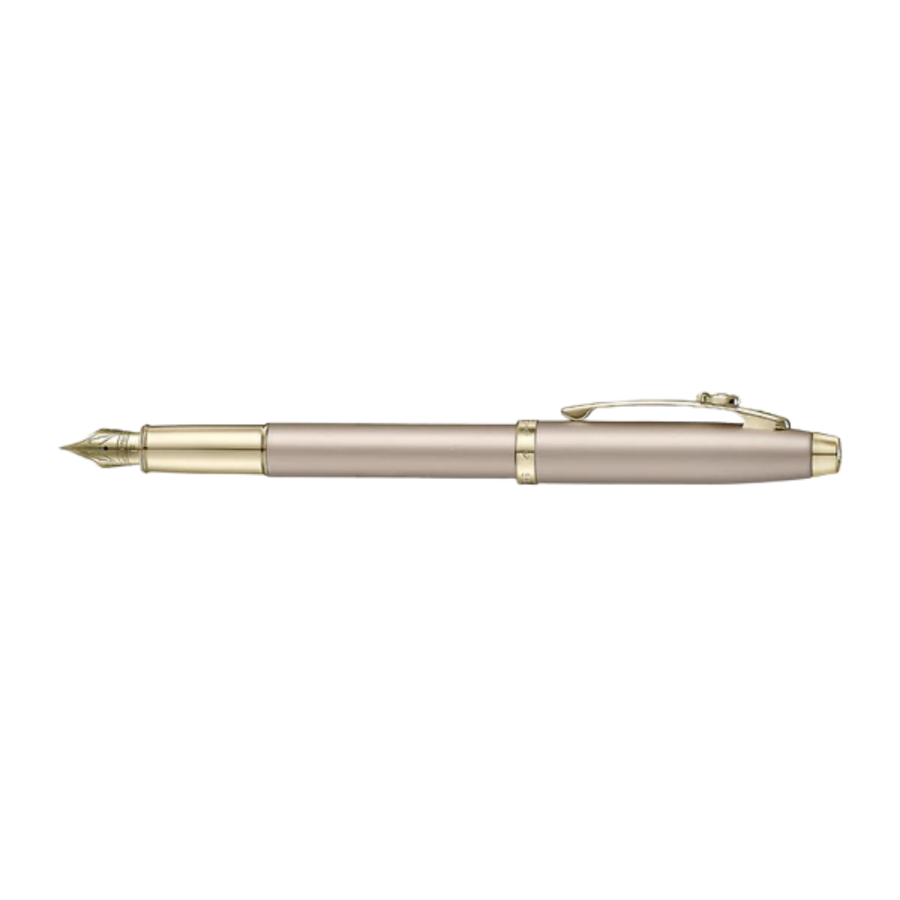 Sheaffer Emily in Paris 100 E9377 Champagne Gold Finish Body and Trims with Bow Emblem Fountain Pen - Fine — nib close-up