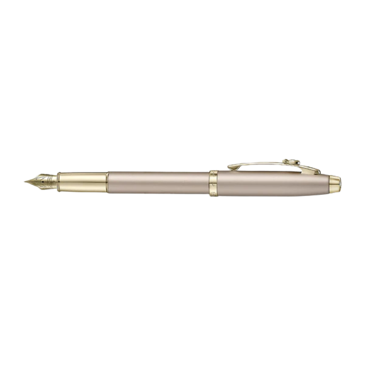 Sheaffer Emily in Paris 100 E9377 Champagne Gold Finish Body and Trims with Bow Emblem Fountain Pen - Fine — nib close-up