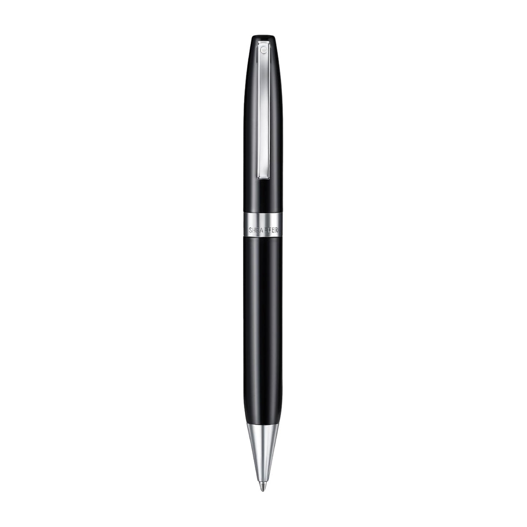 Sheaffer Legacy 9064 Glossy Black Ballpoint Pen with Chrome-Plated Trims — uncapped with cap posted