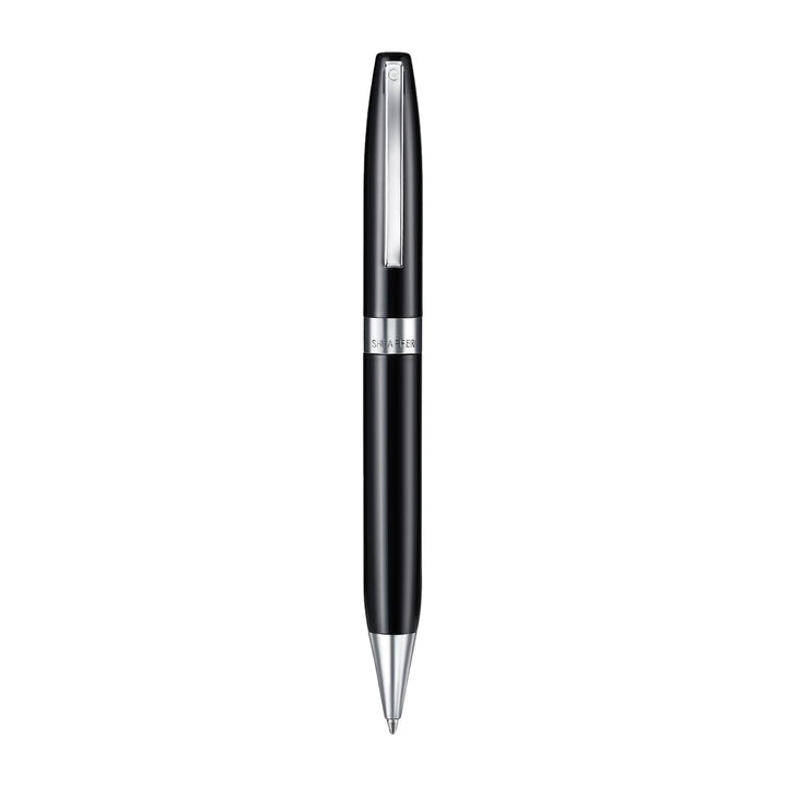 Sheaffer Legacy 9064 Glossy Black Ballpoint Pen with Chrome-Plated Trims — uncapped with cap posted