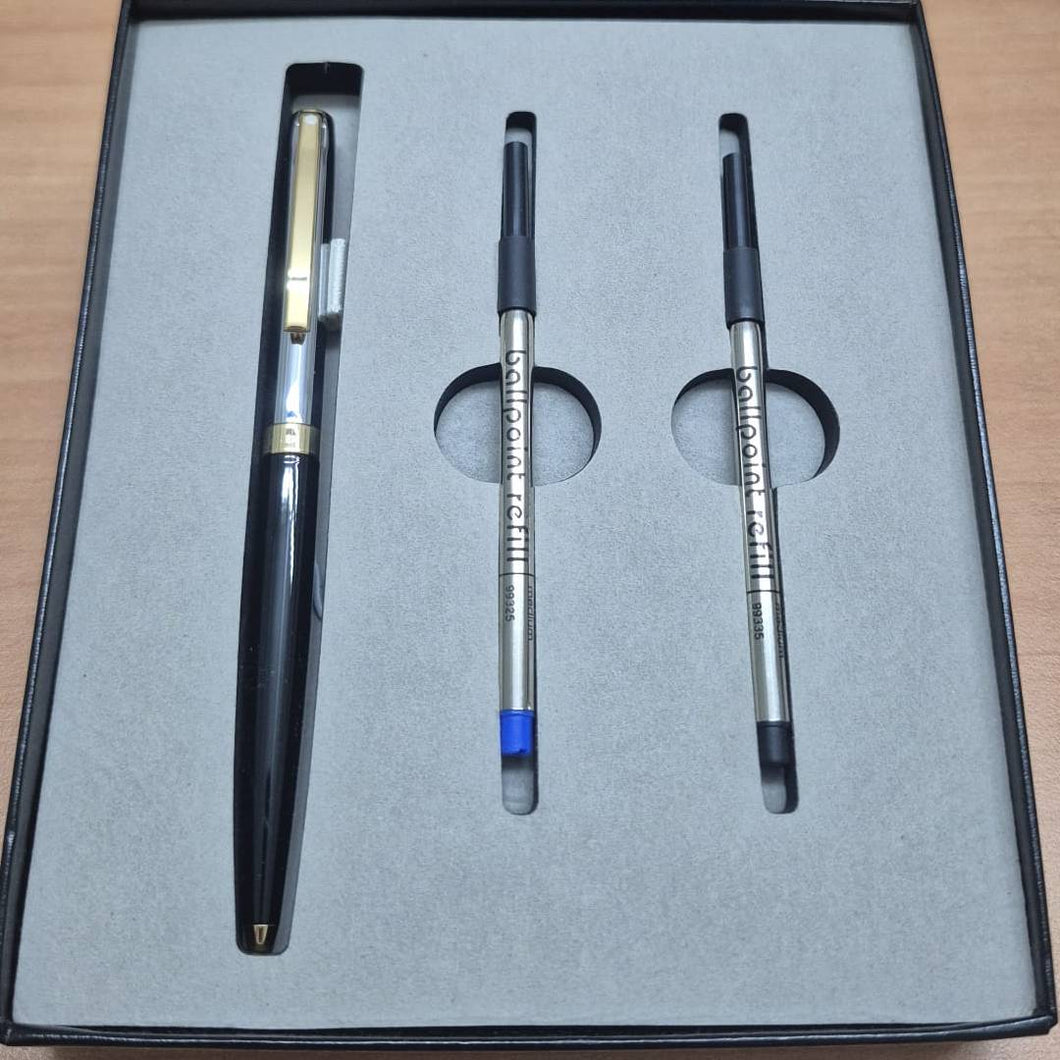 Sheaffer Sagaris Black Ballpoint Pen with Chrome Cap and Gold Tone Trim & Two Ballpoint Refill with Gift Box