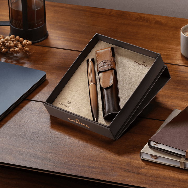 Sheaffer VFM G9428 Coffee Edition Matt Brown with Brown PVD Trims Ballpoint Pen with Coffee Pen Pouch Gift Set