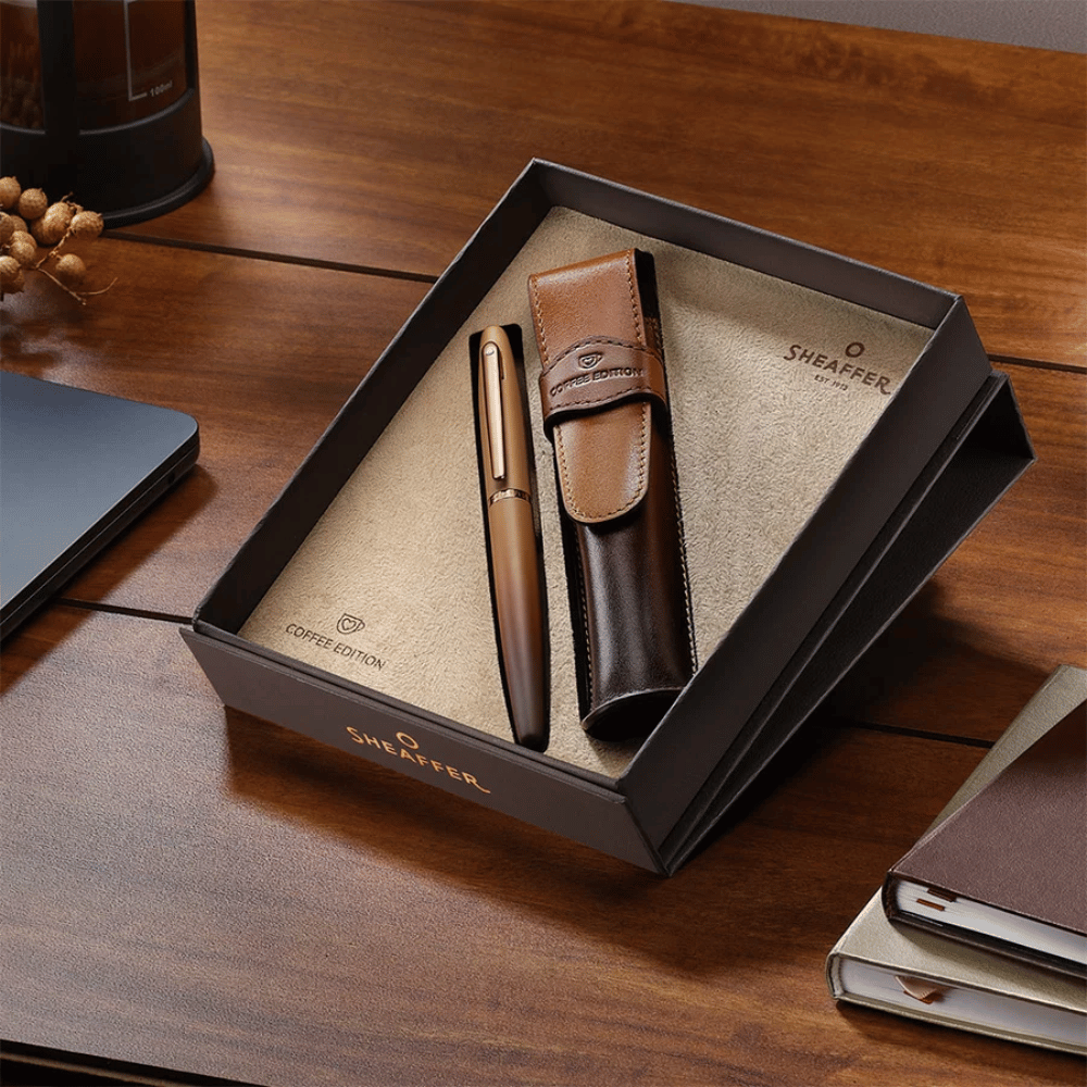 Sheaffer VFM G9428 Coffee Edition Matt Brown with Brown PVD Trims Medium Fountain Pen with Coffee Pen Pouch Gift Set