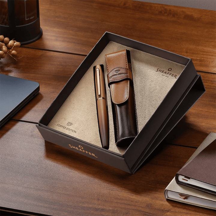 Sheaffer VFM G9428 Coffee Edition Matt Brown with Brown PVD Trims Medium Fountain Pen with Coffee Pen Pouch Gift Set