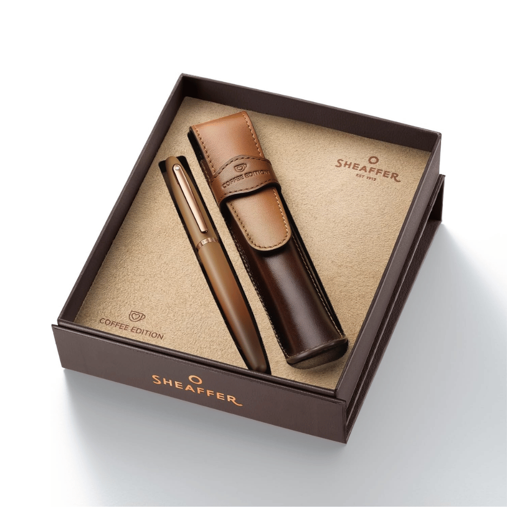 Sheaffer VFM G9428 Coffee Edition Matt Brown with Brown PVD Trims Rollerball Pen with Coffee Pen Pouch Gift Set