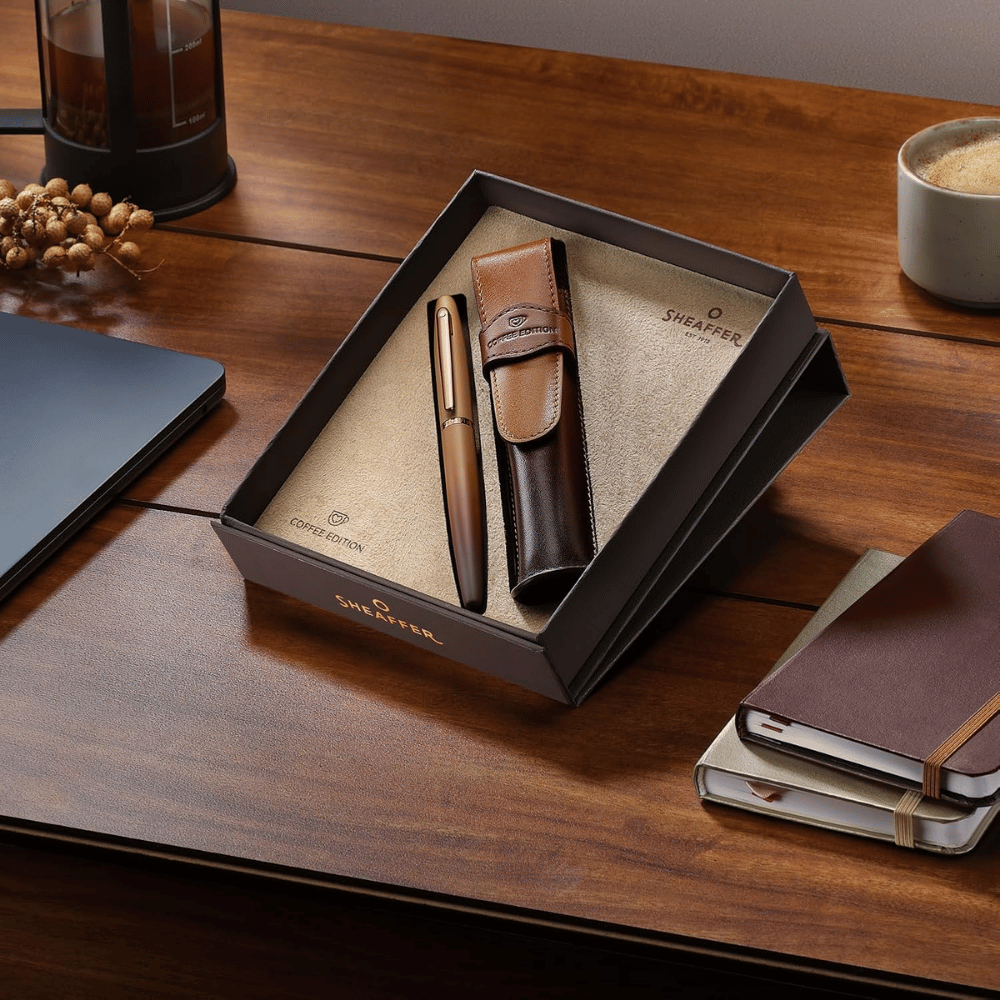Sheaffer VFM G9428 Coffee Edition Matt Brown with Brown PVD Trims Rollerball Pen with Coffee Pen Pouch Gift Set
