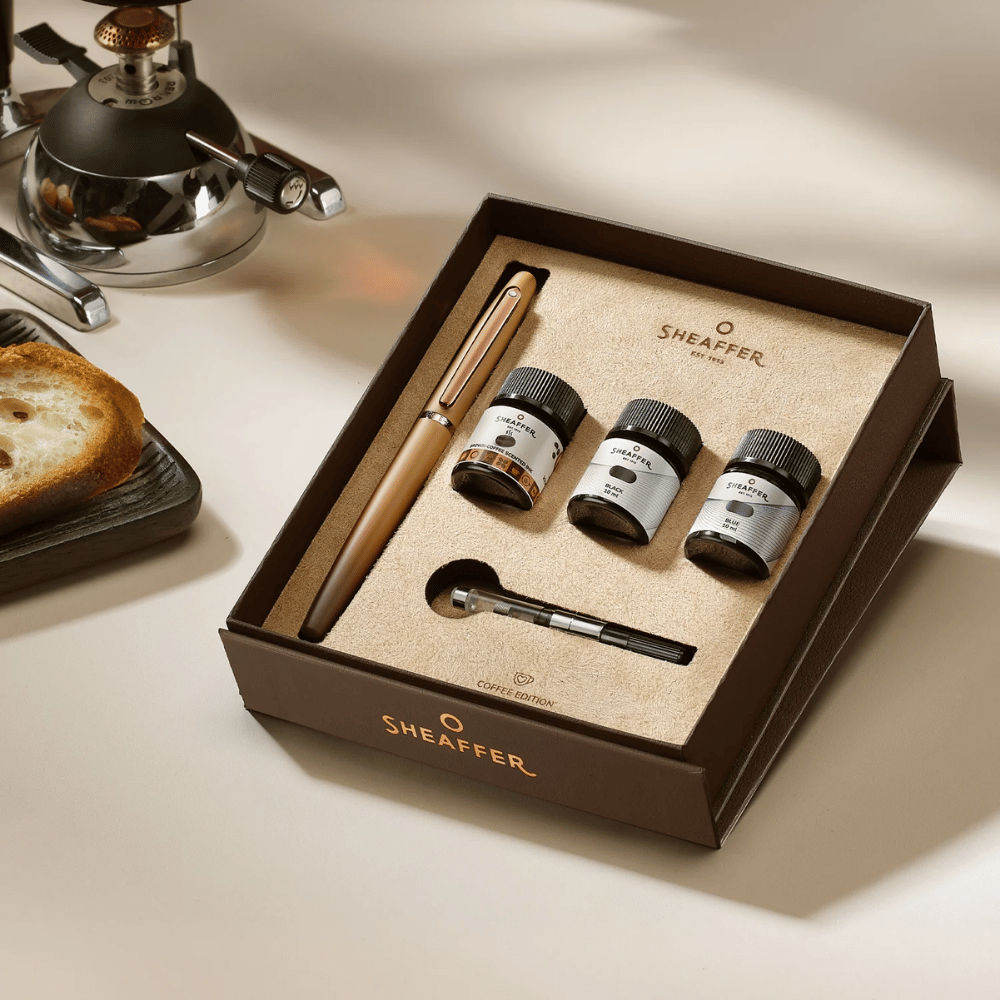 Sheaffer VFM G9428 Coffee Edition Matt Brown with PVD Trim Med Fountain Pen and 3 Ink Vials of 10 ml Gift Set