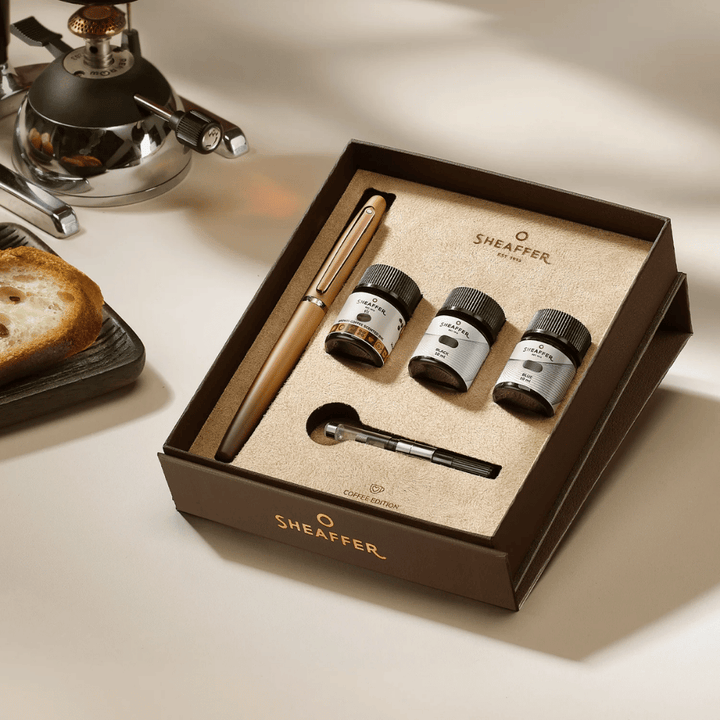 Sheaffer VFM G9428 Coffee Edition Matt Brown with PVD Trim Med Fountain Pen and 3 Ink Vials of 10 ml Gift Set