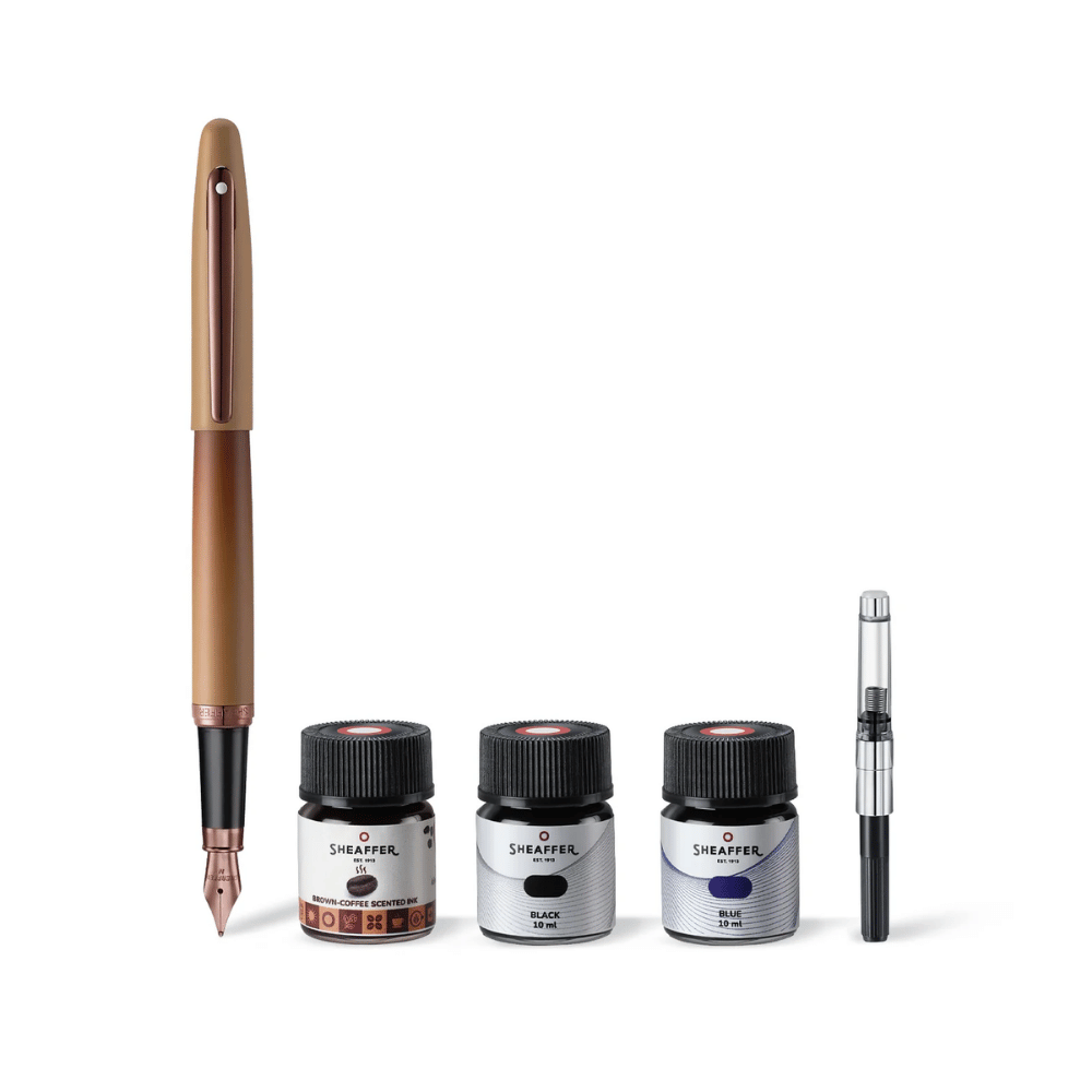 Sheaffer VFM G9428 Coffee Edition Matt Brown with PVD Trim Med Fountain Pen and 3 Ink Vials of 10 ml Gift Set
