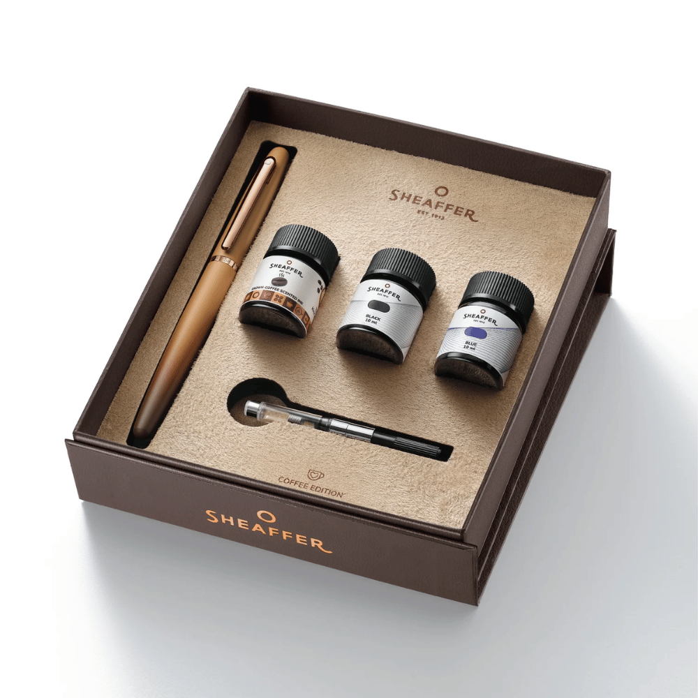 Sheaffer VFM G9428 Coffee Edition Matt Brown with PVD Trim Med Fountain Pen and 3 Ink Vials of 10 ml Gift Set
