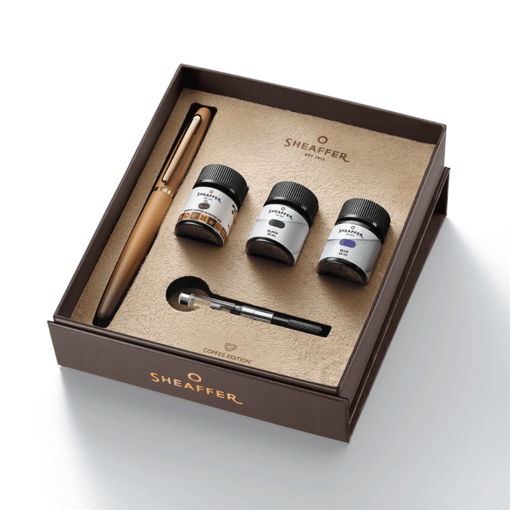 Sheaffer VFM G9428 Coffee Edition Matt Brown with PVD Trim Med Fountain Pen and 3 Ink Vials of 10 ml Gift Set