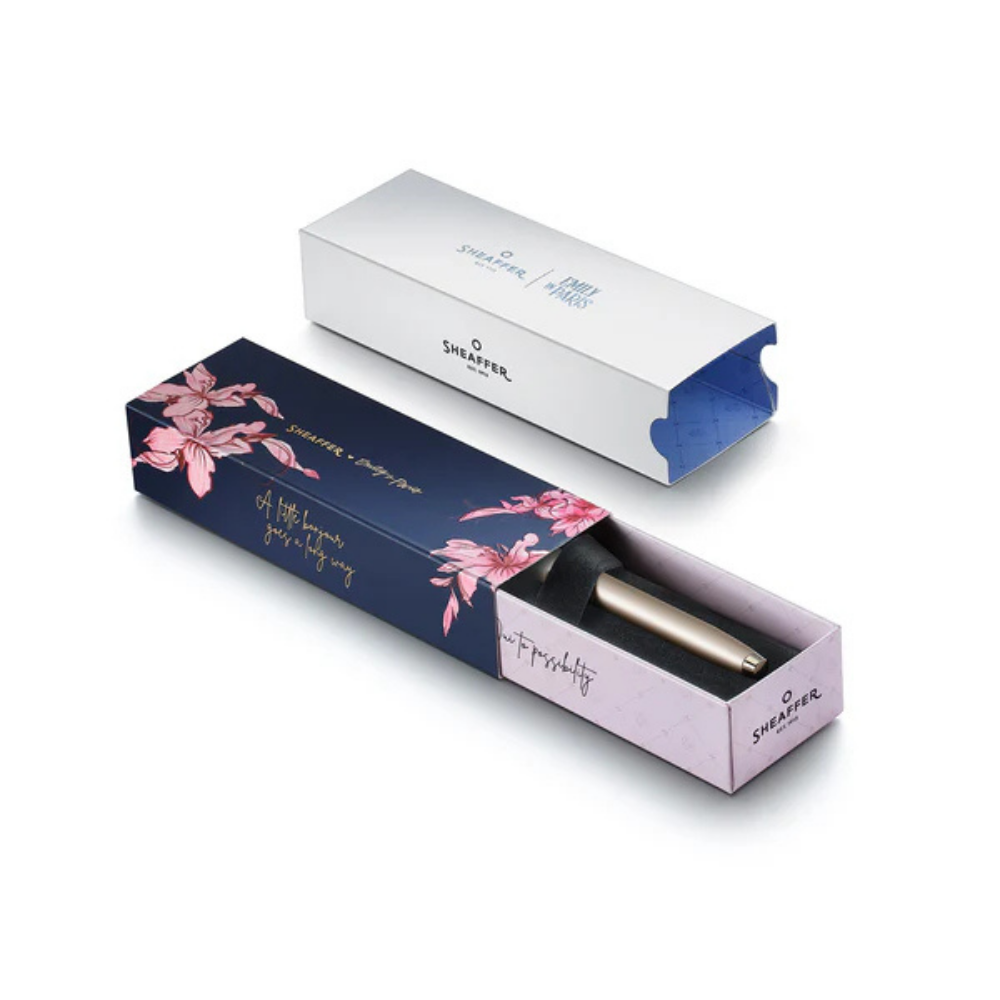 Sheaffer Emily in Paris 100 E9377 Champagne Gold Finish Body and Trims with Bow Emblem Fountain Pen - Medium — flat lay