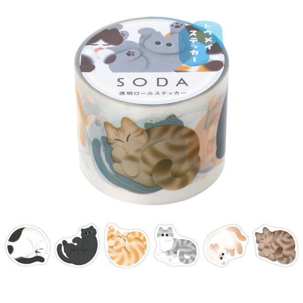 KITTA Soda Transparent Masking Tape (Sticker Type) - Rolling Cat — roll front