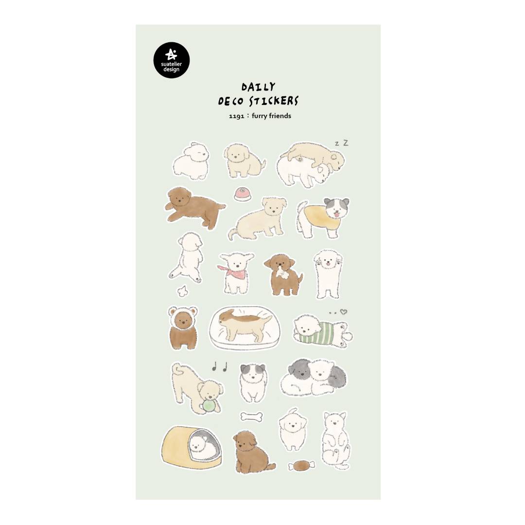 A single sheet of Suatelier Daily Deco Sticker – Furry Friends, featuring cute hand-drawn dogs, cats, and playful animal-themed icons on translucent paper, arranged neatly in rows.
