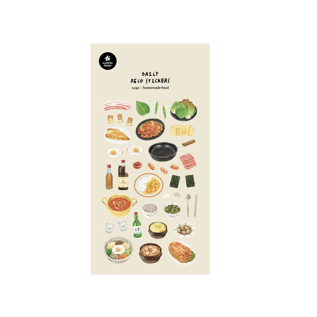 Suatelier Daily Deco Sticker Homemade Food featuring famous Korean home-cooked meals such as kimchi jjigae, soju, rice bowls, and traditional side dishes.