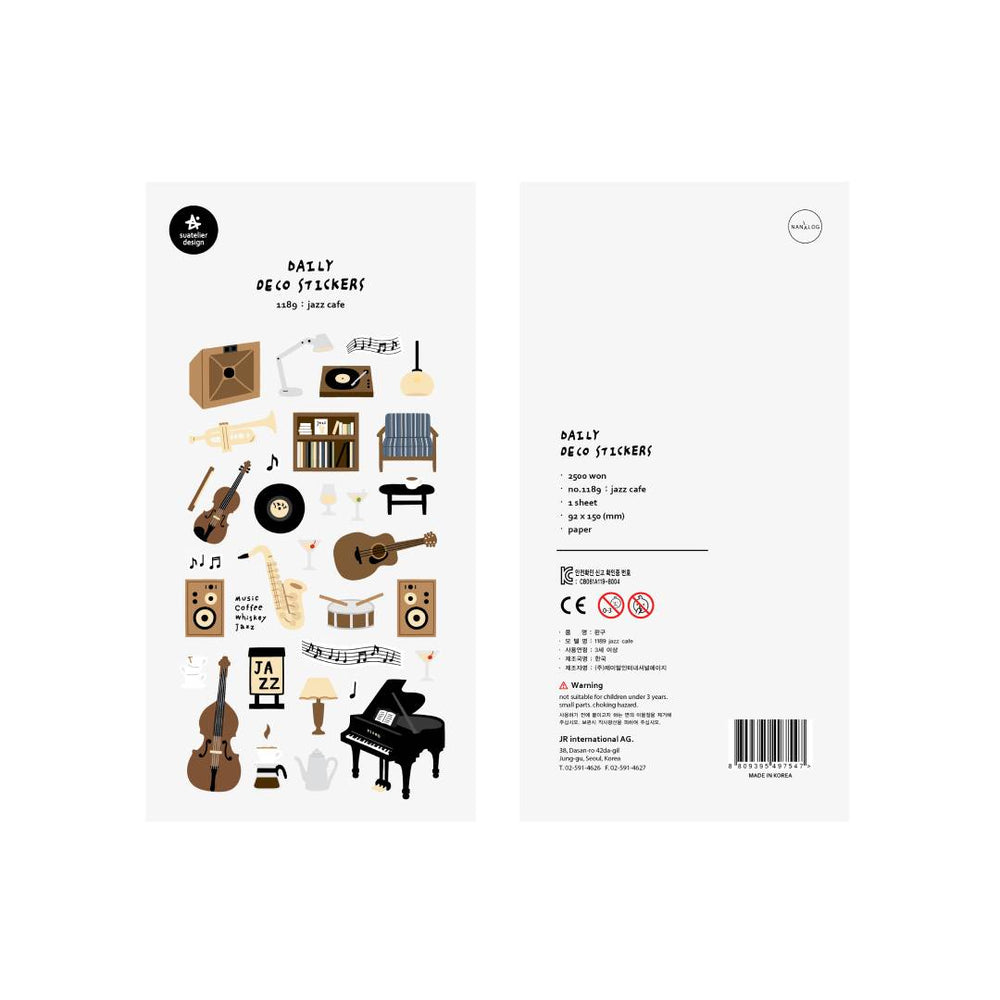 Suatelier Daily Deco Sticker sheet featuring a Jazz Cafe theme with charming illustrations of coffee, instruments, and cozy café details.
