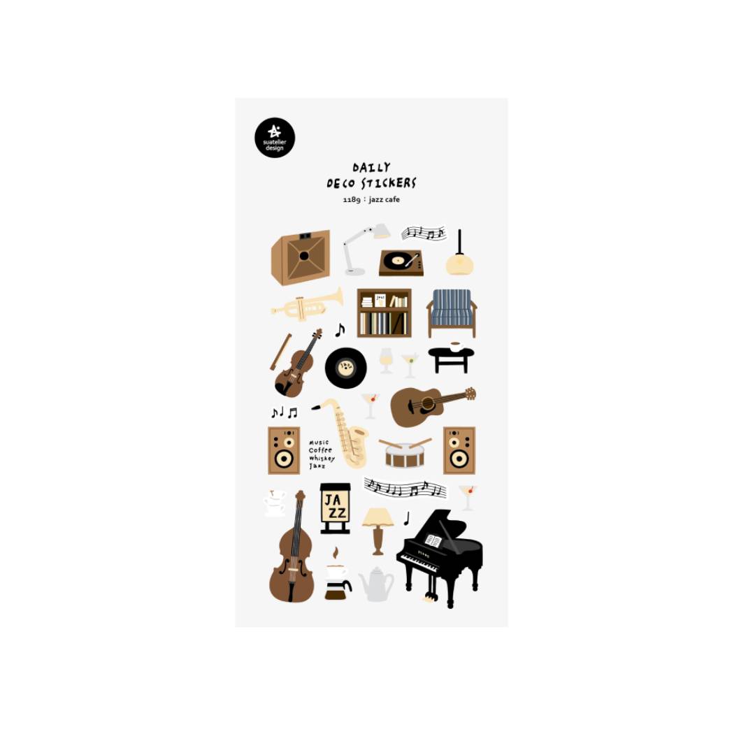Suatelier Daily Deco Sticker sheet featuring a Jazz Cafe theme with charming illustrations of coffee, instruments, and cozy café details.
