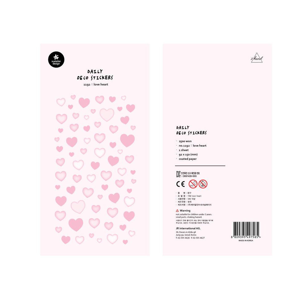 A single sheet of Suatelier Daily Deco Sticker – Love Heart, featuring rows of hand-drawn heart illustrations in different shapes, colors, and sizes on translucent paper.