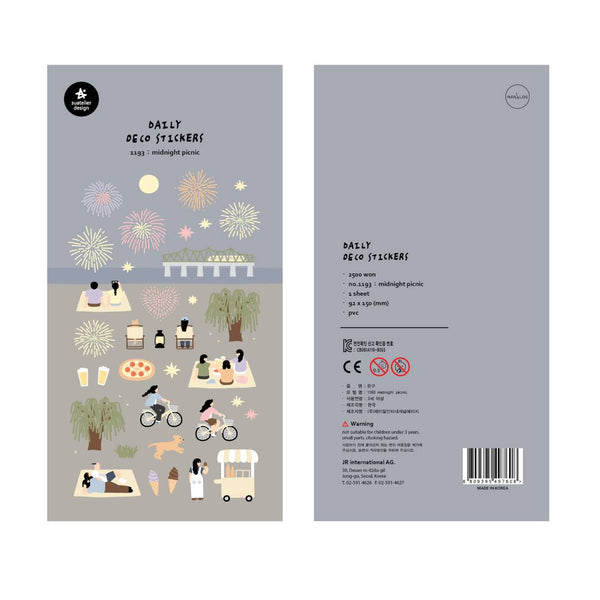 Load image into Gallery viewer, A sheet of decorative stickers featuring illustrations of fireworks, picnic blankets, pizza, drinks, people cycling, dogs, ice cream, and night sky scenes—perfect for journaling and capturing the atmosphere of a summer midnight picnic.
