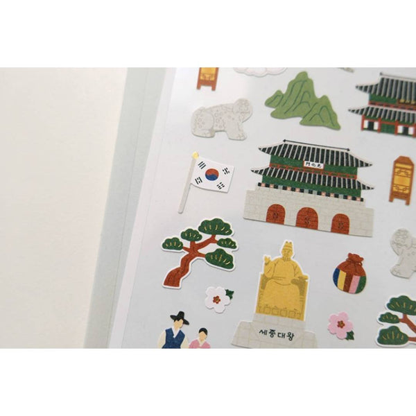 Load image into Gallery viewer, Suatelier Daily Deco Sticker sheet featuring hand-drawn Seoul landmarks, traditional Korean architecture, and cultural icons such as Gyeongbokgung Palace, Korean flag, and hanbok characters.
