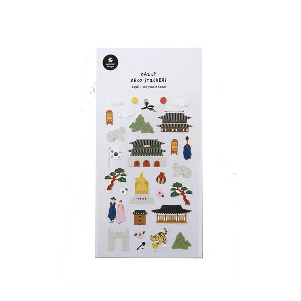 Load image into Gallery viewer, Suatelier Daily Deco Sticker sheet featuring hand-drawn Seoul landmarks, traditional Korean architecture, and cultural icons such as Gyeongbokgung Palace, Korean flag, and hanbok characters.
