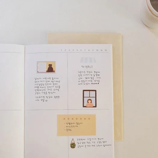 Load image into Gallery viewer, Suatelier Daily Deco Sticker Tiny Moments sheet featuring cozy window illustrations of people and plants in everyday scenes.
